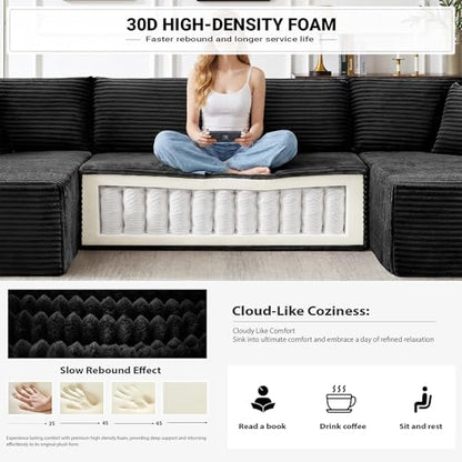 134" Modular Cloud Couch Sectional, U-Shaped Boneless Sleeper Sofa with Side Pockets & Cup Holders, Oversized 4-Seater Modern Deep Seat Corduroy Couch for Living Room, No Assembly Required, Black