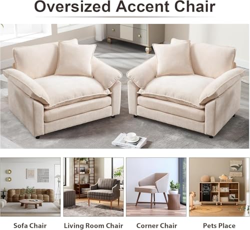 Modern Oversized Chair, Comfy Chenille Accent Chair Large Upholstered Armchair with Extra Thick and Deep Seat Lounge Chair for Living Room,Bedroom,Apartment, Beige
