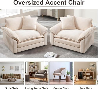 Modern Oversized Chair, Comfy Chenille Accent Chair Large Upholstered Armchair with Extra Thick and Deep Seat Lounge Chair for Living Room,Bedroom,Apartment, Beige