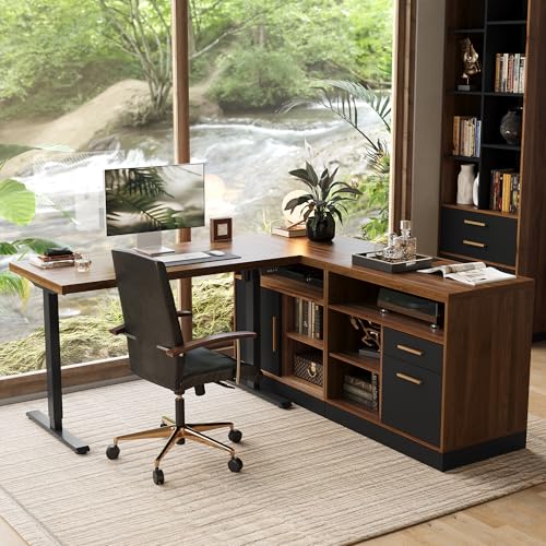 67" L Shaped Reversible Standing Desk with Storage Drawers, view 2