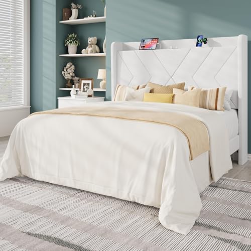 Queen Size Velvet Bed Frame with Charging and Shelf, White, view 2