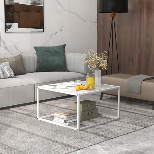 Square Coffee Table with Faux Marble Tabletop & Steel Frame, Center Cocktail Table, Accent Living Room Furniture, Low Bedside Table, Easy Assembly (White)