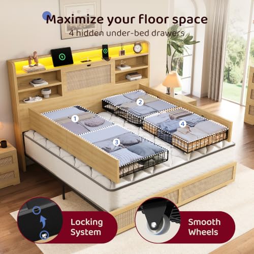 King Size Rattan Bed Frame with 4 Storage Drawers and 51.3" Tall Hidden Storage, view 5