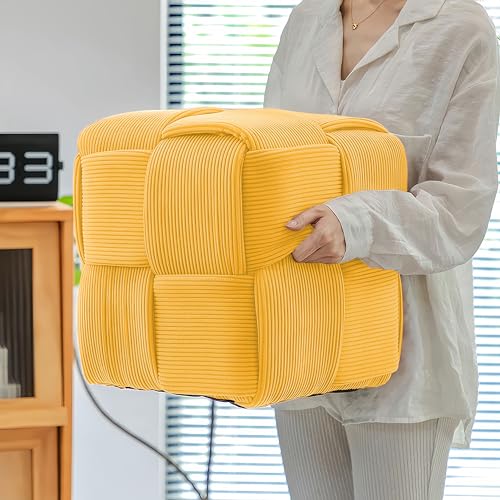 15" Square Woven Corduroy Ottoman Footrest - Modern Vanity Stool for Living Room & Entryway, Eco-Friendly Wood Frame, No Assembly (Yellow)