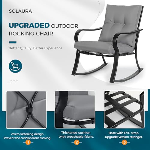 3-Piece Outdoor Rocking Chairs Bistro Set, Black Iron Patio Furniture with Gray Thickened Cushion & Glass-Top Coffee Table