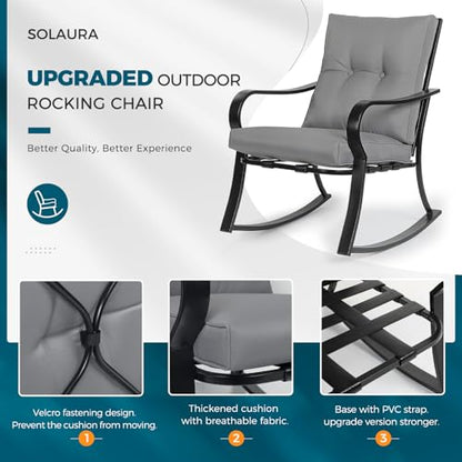3-Piece Outdoor Rocking Chairs Bistro Set, Black Iron Patio Furniture with Gray Thickened Cushion & Glass-Top Coffee Table