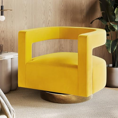 Swivel Barrel Accent Chair, Modern Upholstered Arm Comfy Velvet Curved Back Round Chair with Gold Base Wood Frame, 360 Degree for Living Room Bedroom Office,Yellow