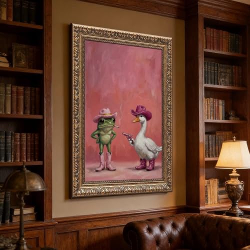 Whimsical Pink Cowboy Frog and Duck Poster Cute Western Animal Wall Art | Funny Trendy Cowgirl Aesthetic Picture Cozy Room Vibe Mood Booster Decor