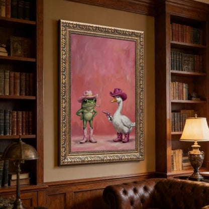 Whimsical Pink Cowboy Frog and Duck Poster Cute Western Animal Wall Art | Funny Trendy Cowgirl Aesthetic Picture Cozy Room Vibe Mood Booster Decor