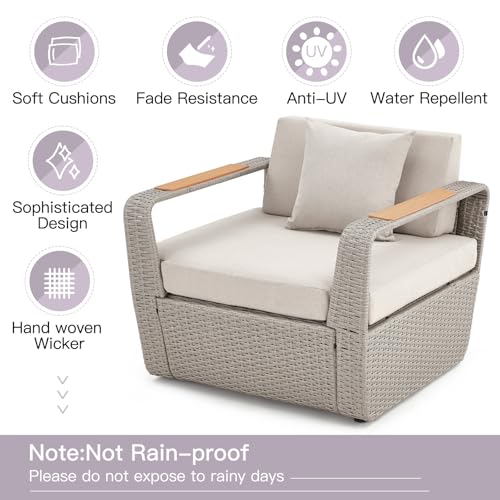Patio Furniture Set, Oversized 7-Seat Outdoor Sectional with Ottoman and Coffee Table, Wicker Rattan Patio Sofa Set with 5" Thick Removable Cushions for Garden, Porch, Backyard, Light Gray
