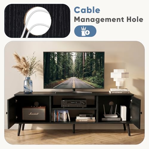 TV Stand for 55 60 inch TV, Modern Mid Century Entertainment Center with Storage, Wooden Media Console Table with 2 Cabinets, for Living Room, Bedroom, Black