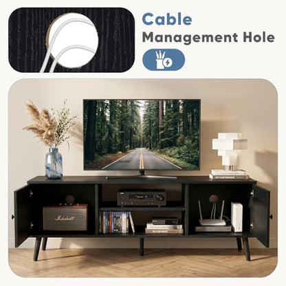 TV Stand for 55 60 inch TV, Modern Mid Century Entertainment Center with Storage, Wooden Media Console Table with 2 Cabinets, for Living Room, Bedroom, Black