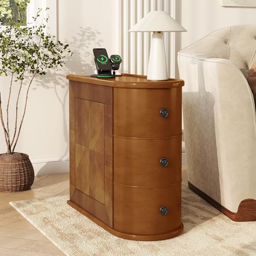 Narrow End Table with Charging Station, Wood Side Table with Drawers for Small Spaces, 3-Drawer Nightstand with Storage, Slim Bedside Cabinet for Living Room/Bedroom/Corner, Fully Assembled, Walnut