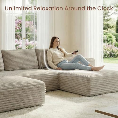 108" Boneless Couch for Living Room, Modular Sectional Sofa with Dual Ottomans, Fluffy Corduroy Floor Couch with Deep Seat, Modern U-Shaped Couch No Assembly Required | Oatmeal