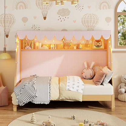 JIVOIT Twin XL Bed with Twin XL Trundle, Storage Shelf, Space-Saving Extendable Platform Bed with Pink Plaid Tent for Double, No Box Spring Required (Natural,22)