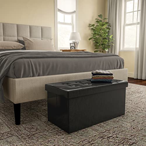 Storage Ottoman - 30-Inch Folding Faux Leather Footrest, Linen Chest, or Bench with Removable Bin for Living Room or Bedroom by Home-Complete (Black)