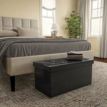 Storage Ottoman - 30-Inch Folding Faux Leather Footrest, Linen Chest, or Bench with Removable Bin for Living Room or Bedroom by Home-Complete (Black)