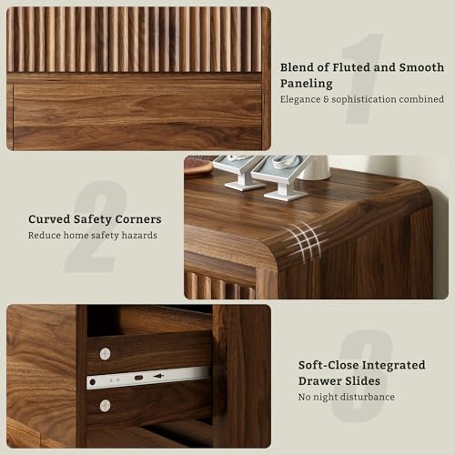Walnut Fluted 7 Drawer Dresser for Bedroom, Curved Edge, 50" Wide, view 6