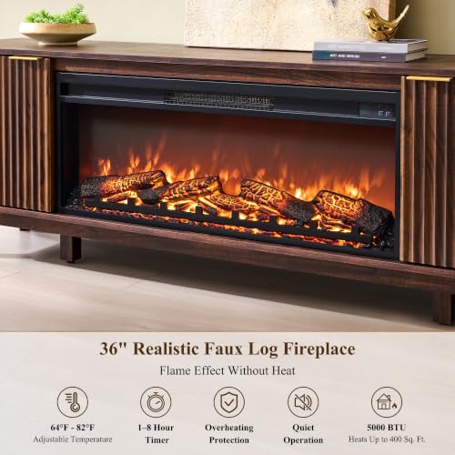 70" Fluted Fireplace TV Stand with 36" Electric Fireplace, Dark Walnut, view 6