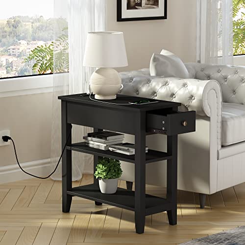 Black End Table Set of 2, Sofa Side Table Living Room with Charging Station,Narrow Night Stand with USB Ports & Power Outlets and Hidden Drawer
