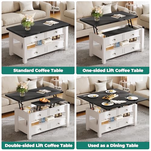 Lift Top Coffee Table, Multi-Functional Convertible Coffee Table with Drawers and Hidden Storage, Dining Table for Living Room, Home Office