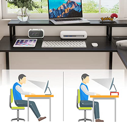 Two Person Desk with LED Lights & Power Outlet, 83.7" Extra Long Computer Desk with Monitor Stand & Storage Shelves, Double Study Work Writing Table Workstation for Home Office, Black