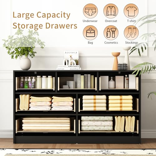 7 Drawer Dresser and Nightstand Sets for Bedroom, 3 Pcs Bedroom Set，Night Stand Set of 2 & 7 Drawer Dresser with Gold Handles, Modern Wood Chest of Drawers Storage Cabinet Set, Black