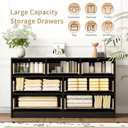 7 Drawer Dresser and Nightstand Sets for Bedroom, 3 Pcs Bedroom Set，Night Stand Set of 2 & 7 Drawer Dresser with Gold Handles, Modern Wood Chest of Drawers Storage Cabinet Set, Black