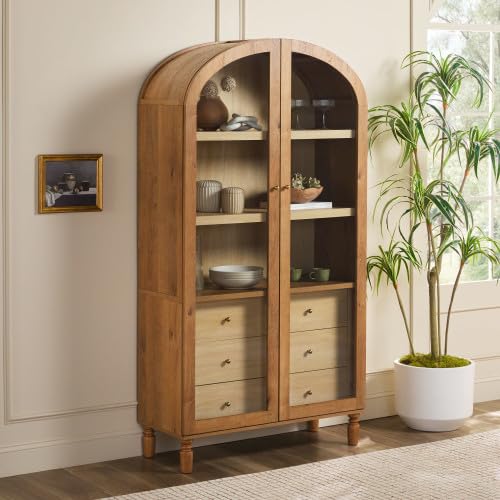 Darci Modern Arched Bookshelf Cabinet with Full-Length Glass Doors and Inner Drawers, 74 Inch, English Oak