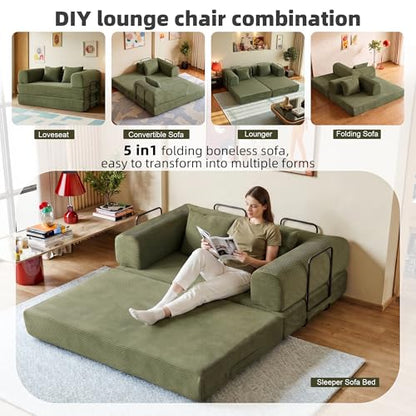 59in Convertible Sofa Bed, Corduroy Boneless Couch Bed, Futon Sleeper Sofa Pull Out Bed, Foldable Couch for Living Room Apartment, No Assembly Required
