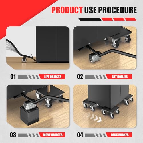 Heavy Duty Furniture Dolly Set with 5 Wheels, Furniture Movers with Lifter Tool, Carbon Steel Moving Sliders for Sofa Refrigerator Cabinet, 360° Rotating Casters, Black, 5.3 Inch