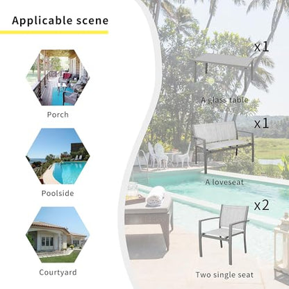 4 Pieces Patio Furniture Set All Weather Textile Fabric Outdoor Conversation Set, with Glass Coffee Table, Loveseat, 2 Single Chairs for Home, Garden, Lawn, Porch（Silver）