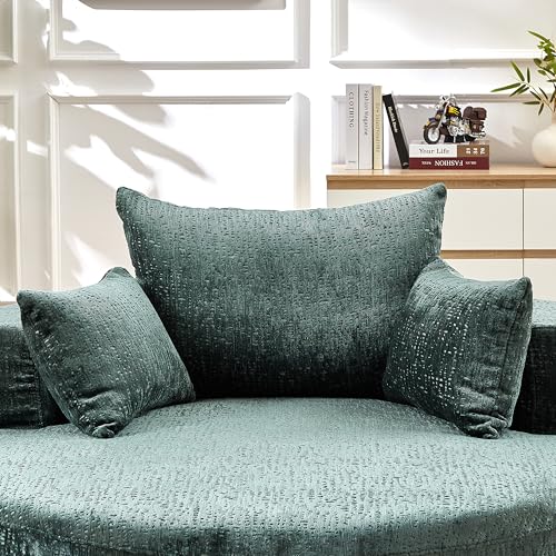 Green Round Barrel Accent Chair, Textured Polyester Upholstered Lounge Chair with 3 Throw Pillows, Modern Comfy Single Sofa for Living Room Bedroom Reading Nook Home Office