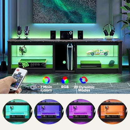 TV Stand for 70 inch TV, Gaming Entertainment Center for PS5, LED TV Cabinet with Glass Shelves for Living Room, 63'' Inch, Marble Black
