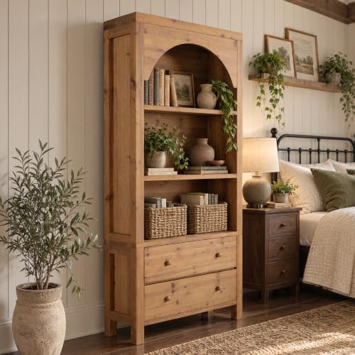 70" Solid Wood Tall Bookshelf with 3-Tier Shelves and 2 Drawers, view 5