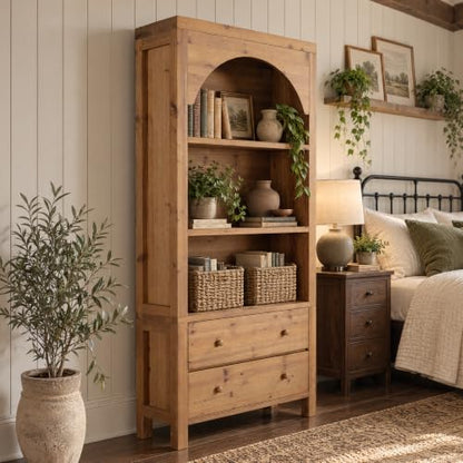 70" Solid Wood Tall Bookshelf with 3-Tier Shelves and 2 Drawers, view 5