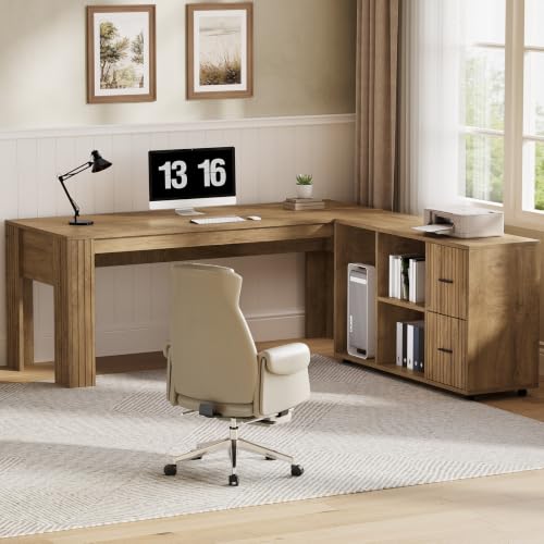 63" L Shaped Executive Desk with Mobile File Cabinet, Brown, view 6