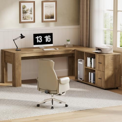 63" L Shaped Executive Desk with Mobile File Cabinet, Brown, view 6