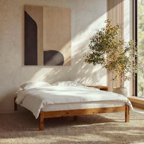Queen Bed Frame Classic Solid Pine Wood Platform, Noise Free, Under Bed Storage, view 2