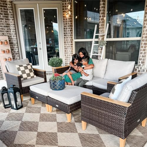Wicker Patio Furniture Set, Outdoor Rattan Sectional Sofa 7 Piece Patio Conversation Set with 2 x Corner Sofa, 2 x Single Chairs, 1 x Armless Couch, 2 x Ottoman for Deck, Backyard