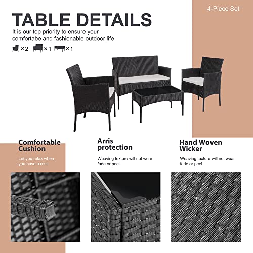 4 Piece Outdoor Patio Furniture Sets, Small Wicker Patio Conversation Furniture Rattan Chair Set with Tempered Glass Coffee Table for Backyard Porch Garden Poolside Balcony,Black