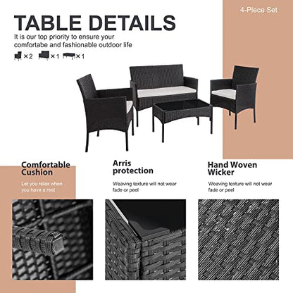 4 Piece Outdoor Patio Furniture Sets, Small Wicker Patio Conversation Furniture Rattan Chair Set with Tempered Glass Coffee Table for Backyard Porch Garden Poolside Balcony,Black