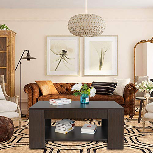 Modern Lift Top Coffee Table w/Hidden Compartment and Storage Shelves Pop-Up Storage Cocktail Table for Living Room Reception Room