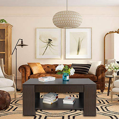 Modern Lift Top Coffee Table w/Hidden Compartment and Storage Shelves Pop-Up Storage Cocktail Table for Living Room Reception Room