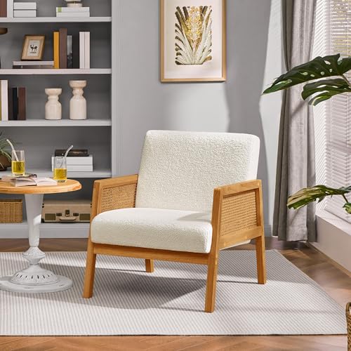 Yaheetech Rattan Accent Chairs Set of 2, Boho Vintage Armchair, Boucle Fabric Reading Chair with Wood Armrest and Legs for Living Room Bedroom Reception, Ivory