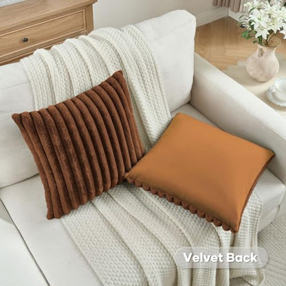 Pack of 2 Fluffy Faux Fur Throw Pillow Covers 20x20 Inch Elegant Striped Textured Decorative Cushion Cases Modern Accent Pillow for Couch Bed Living Room, Rust