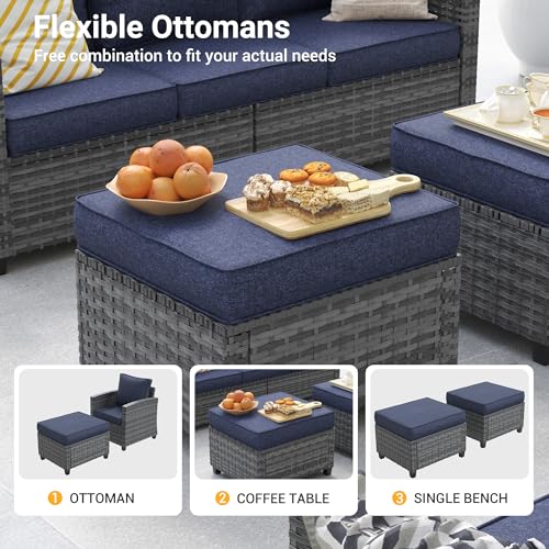 Patio Furniture Set, 6 Pcs Patio Outdoor Sectional, Wicker Outdoor Couch with Swivel Chair, Ottomans, Side Table, 4" Thick Cushion, for Garden Backyard Deck,Navy Blue