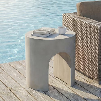 Outdoor Side Table, 16" W Concrete End Table w Arch Shape, Round Cement Accent Table Lightweight for Patio, Modern Decorative Garden Stool for Patio, Backyard, Grey