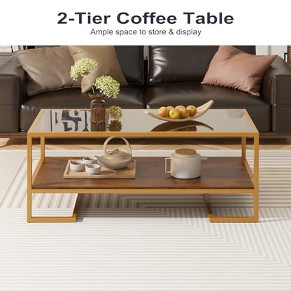 Coffee Table, 2 Tier Tempered Glass Coffee Table, Rectangle Modern Center Table with Metal Frame, Glass Accent Table Open Storage Shelf for Living Room, Office, Brown