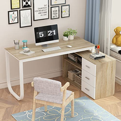 Home Office Computer Desk Corner Desk with 3 Drawers and 2 Shelves, 54 Inch Large L-Shaped Study Writing Table with Storage Cabinet - Walnut and White